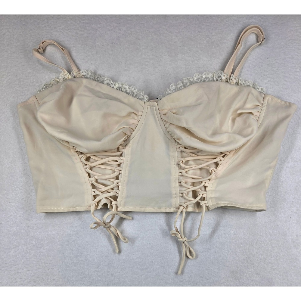 boohoo Womens Plus Size 14 Chiffon Lace Up Corset Top Cream Bustier Cropped New